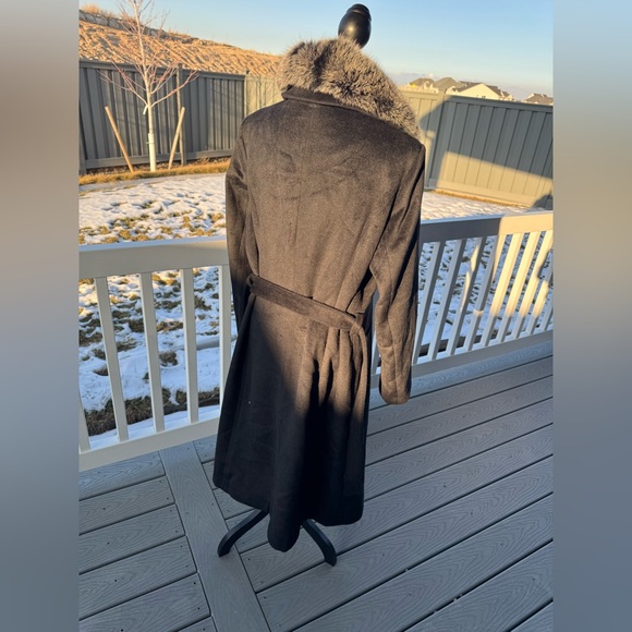 Escalier Black Wool Belted Coat with Genuine Fox Fur Collar Women’s Large Luxury - Picture 4 of 12